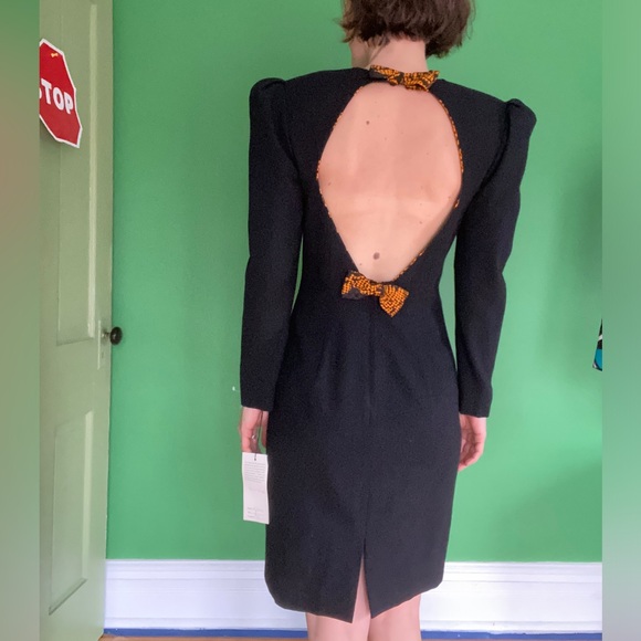 Vintage 90s Patricia Rhodes Black Dress cut out collar with Bow Detail - Picture 2 of 7